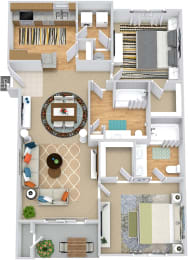 SweetBriar. 2 bedroom apartment. Kitchen with bartop open to living/dining rooms. 2 full bathroom, double vanity in master. Walk-in closets. Patio/balcony.