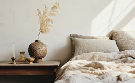 A bed with a white comforter and pillows is in the foreground with a wooden table holding a vase and candle in the background.