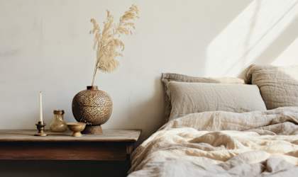 A bed with a white comforter and pillows is in the foreground with a wooden table holding a vase and candle in the background.