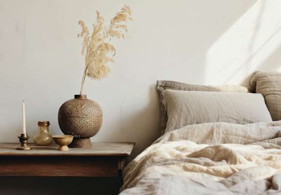 A bed with a white comforter and pillows is in the foreground with a wooden table holding a vase and candle in the background.