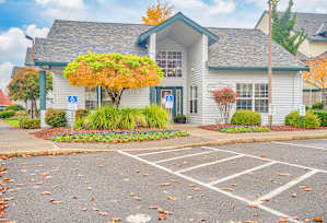 A parking lot in front of a building with a tree with orange leaves.