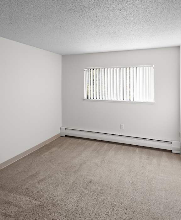 A room with a carpeted floor and a window with blinds.