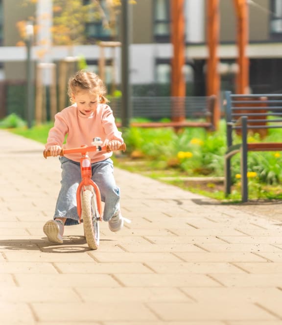 little boy riding a bike in the park