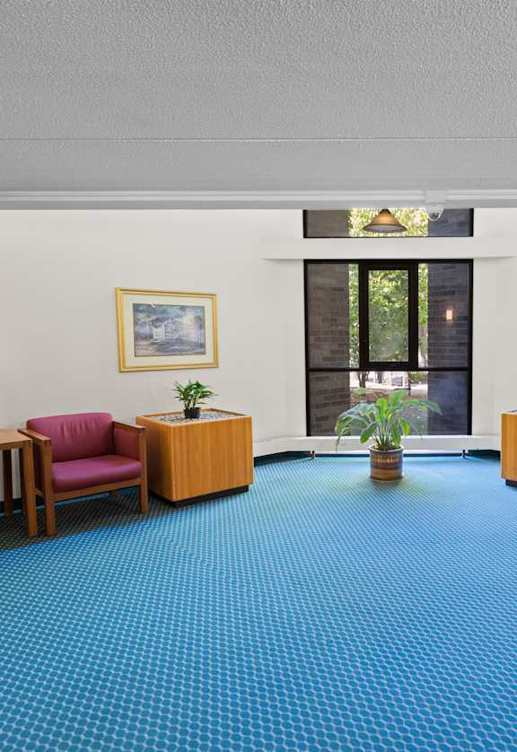 A waiting room with red chairs and a blue carpet.