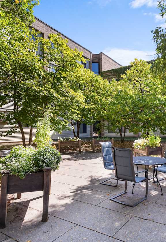 A patio with a table and chairs surrounded by trees.