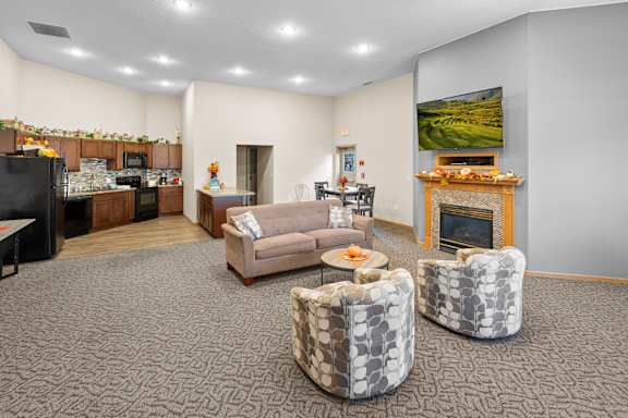 A living room with a fireplace and a television.