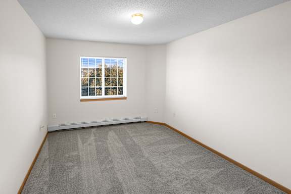 A room with a carpeted floor and a window.