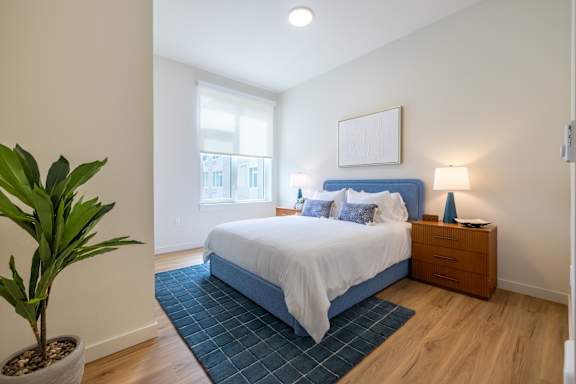 A bedroom with a bed, nightstand, and a plant.