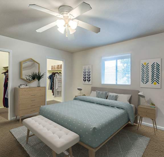 a bedroom with a bed and a ceiling fan at Randolph Park, Charlotte, 28211