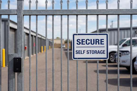 A sign on a fence reads "SECURE SELF STORAGE".