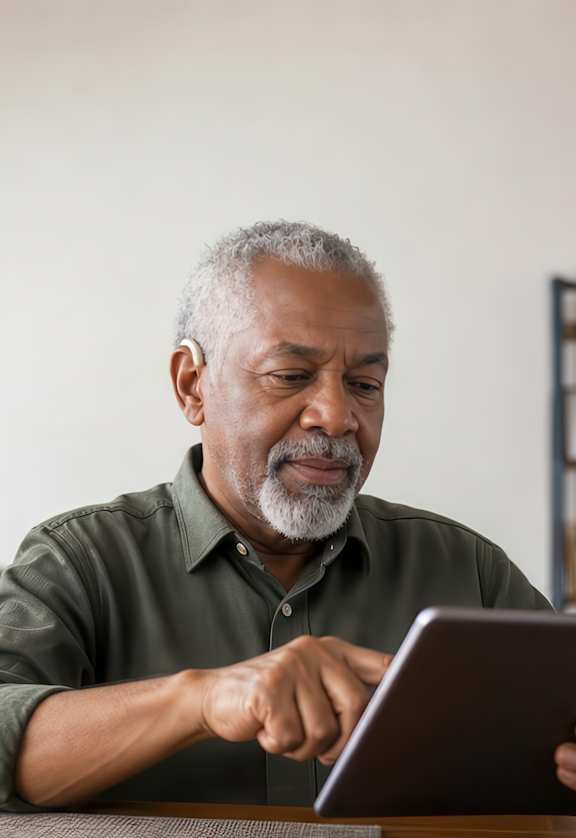 A man is using a tablet while sitting at a table with a cup of coffee.