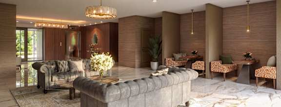 A modern living room with a large marble floor and a chandelier.