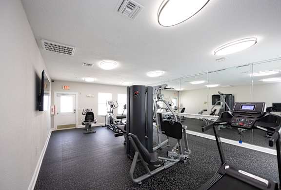 a gym with exercise equipment and mirrors in a building at Magnolia Pointe Apartments in Duluth, GA