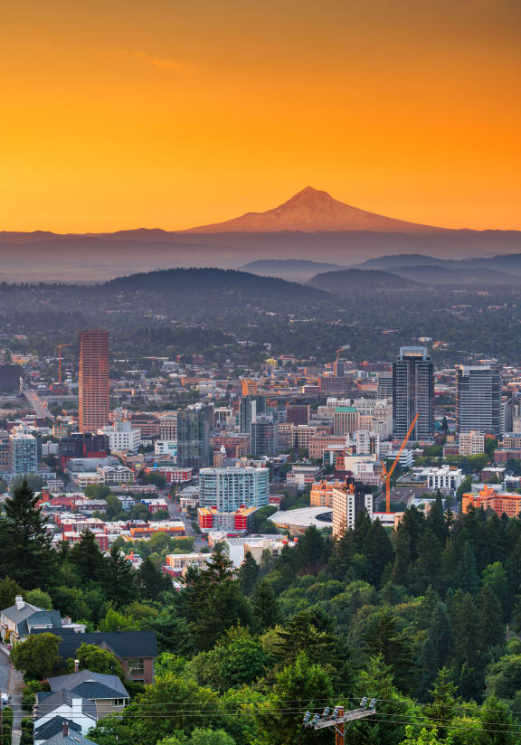 Portland skyline at dusk with Mt. Hood in the background 