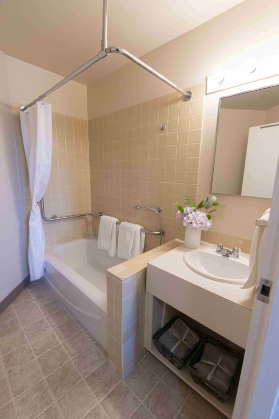 a bathroom with a bathtub and a sink