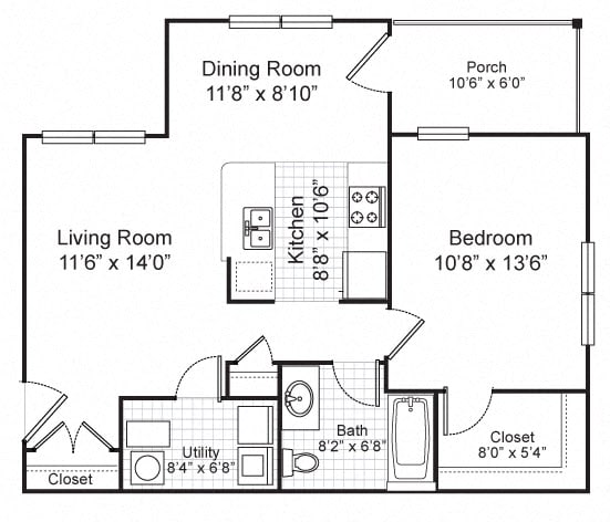 1 Bedroom 1 Bath Garden 2D Floorplan, Bedford Hill Apartments, Pittsburgh, PA