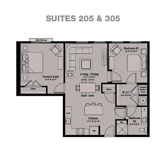 Floor Plan  2 Bedroom,1 Bath Floor Plan at Village Center Apartments At Wormans Mill*, Frederick, 21701