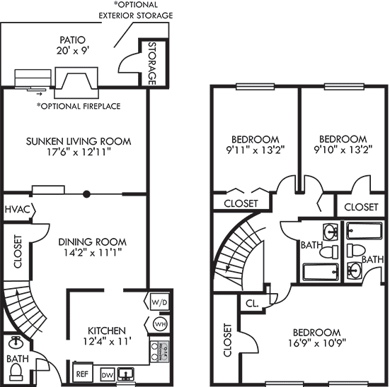 La Colombe. 3 bedroom townhome. Kitchen, living, and dinning rooms. 2 full bathrooms + powder room. Patio/balcony. optional fireplace and exterior storage