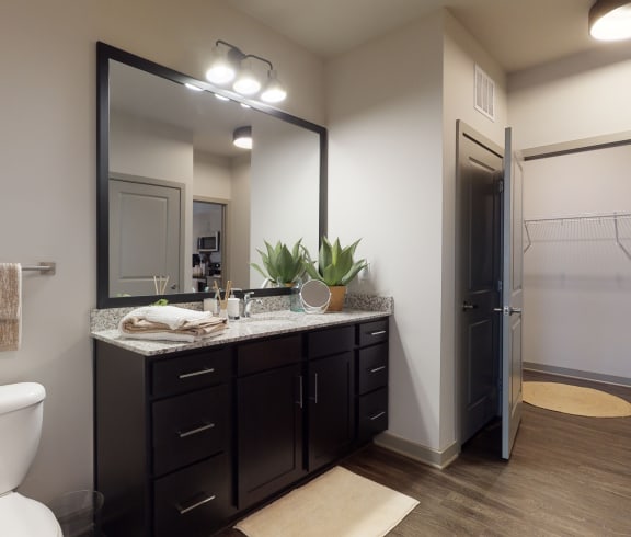 a bathroom with a toilet and a vanity with a large mirror Matthews, NC 28105