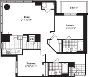 2 bed 2 bath floorplan for The Dunbarton, at Wentworth House,North Bethesda, Maryland