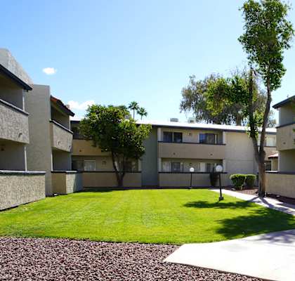 Apartment complex with a green lawn and a tree in the middle.