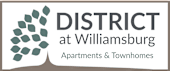 A logo for District at Williamsburg featuring apartments and townhomes.
