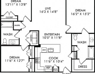 The Turner. 3 bedroom apartment. Kitchen with bartop open to living/dinning room. 2 full bathrooms. Walk-in closets. Patio.