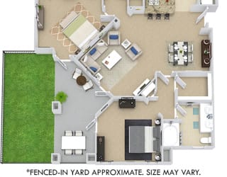 Sevilla with Fenced-in Yard. 2 bedroom apartment. Kitchen with bartop open to living room. 2 full bathrooms, double vanities. Walk-in closets. Patio/balcony open to yard. External storage.