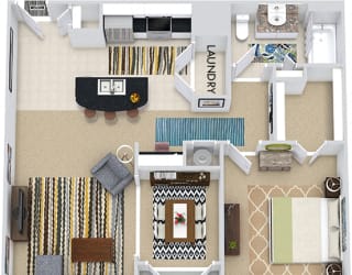 The Budapest 3D. 1 bedroom apartment. Kitchen with island open to living/dining rooms. 1 full bathroom. Walk-in closet. Patio/balcony.