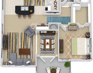 The Paris 3D. 1 bedroom apartment. Kitchen with island open to living/dining rooms. 1 full bathroom. Walk-in closet. Patio/balcony.