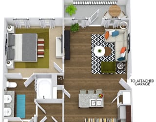 Encanto with Attached Garage 3D. 1 bedroom apartment. Kitchen with island open to living room. 1 full bathroom, double vanity. Walk-in closet. Patio/balcony.