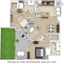 Sevilla with Fenced-in Yard. 2 bedroom apartment. Kitchen with bartop open to living room. 2 full bathrooms, double vanities. Walk-in closets. Patio/balcony open to yard. External storage.