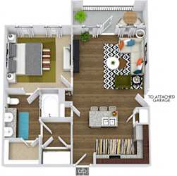 Encanto with Attached Garage 3D. 1 bedroom apartment. Kitchen with island open to living room. 1 full bathroom, double vanity. Walk-in closet. Patio/balcony.