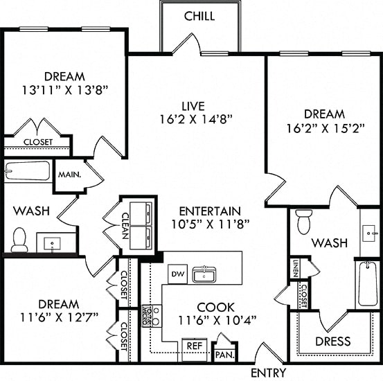 The Turner. 3 bedroom apartment. Kitchen with bartop open to living/dinning room. 2 full bathrooms. Walk-in closets. Patio.