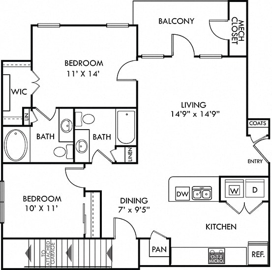 Congress with Attached Garage 2 bedroom apartment. Kitchen with bartop open to living/dining rooms. 2 full bathrooms. Walk-in closet in master. Closet in 2nd bedroom. Patio/balcony. Stairs to garage.