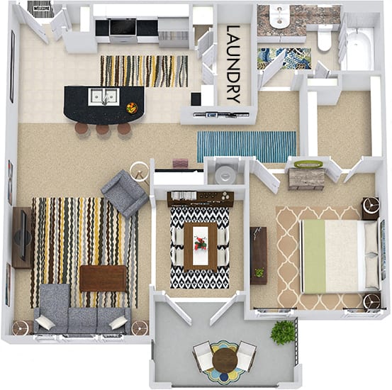 The Paris 3D. 1 bedroom apartment. Kitchen with island open to living/dining rooms. 1 full bathroom. Walk-in closet. Patio/balcony.
