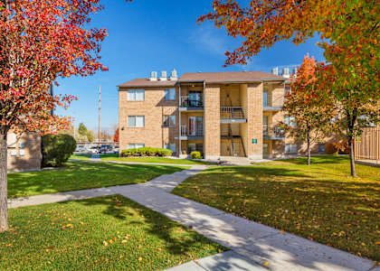 A building with a red tree in front of it.