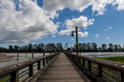 a wooden bridge over a body of water with trees in the background