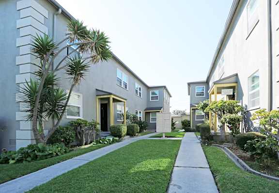A row of houses with a sidewalk in front.