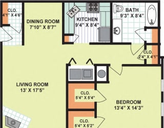Floor Plan One Bedroom One Bath (970 - 976 Square Feet)
