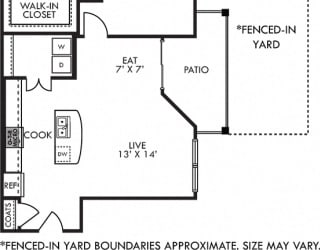 Longhorn with Fenced-in Yard. 1 bedroom apartment. Kitchen with island open to living/dinning rooms. 1 full bathroom. Walk-in closet. Patio/balcony open to yard.