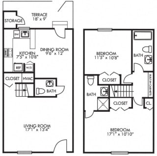 Brentwood. 2 bedroom townhome. Kitchen ,living, and dinning rooms. 2 full bathroom + powder room, shower stall in master. Patio/balcony.