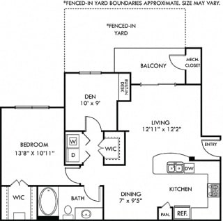 Roma with Fenced-in Yard 1 bedroom apartment with den. Kitchen with bartop open to living room and dining room. 1 full bath. Large walk-in closet. Second closet in hallway. Patio/balcony.