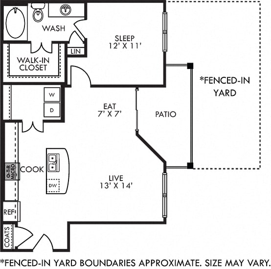 Longhorn with Fenced-in Yard. 1 bedroom apartment. Kitchen with island open to living/dinning rooms. 1 full bathroom. Walk-in closet. Patio/balcony open to yard.