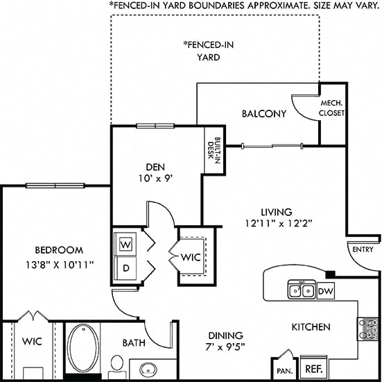 Roma with Fenced-in Yard 1 bedroom apartment with den. Kitchen with bartop open to living room and dining room. 1 full bath. Large walk-in closet. Second closet in hallway. Patio/balcony.