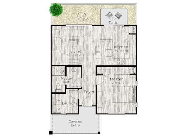 1 bed 1 bath floor plan at Avilla Trinity, Fort Worth, TX 76111A floor plan of a house with a living room, kitchen, laundry room, and bathrooms.