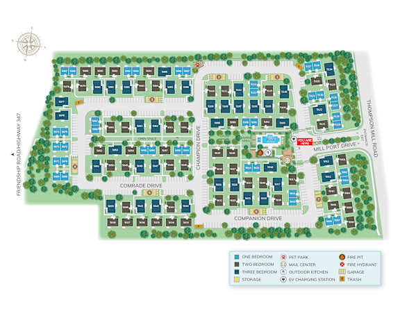 A map of a housing complex with various symbols indicating the location of amenities such as fire hydrants and parking.