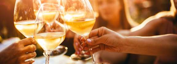 A group of people toasting with glasses of white wine.