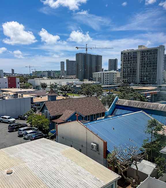 A view of a cityscape from a high vantage point.