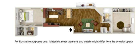 A floor plan of a house with a kitchen, living room, and two bedrooms.